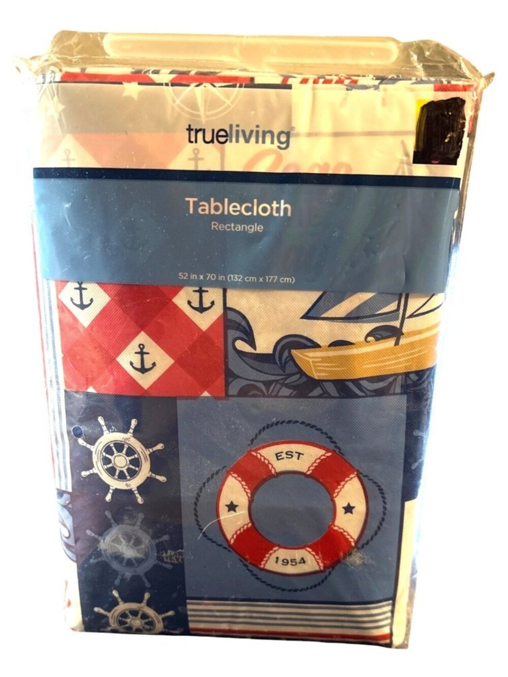 True Living Nautical-Themed Vinyl Flannel Back Tablecloth 52 X 70 Red White Blue